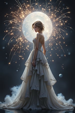 Rococo art, a woman speaking, a white bubble of water: black text (50 likes!) (Masterpiece 1.3). She is the most beautiful woman in the world, standing under the night sky filled with fireworks, creating an extremely joyful atmosphere. Light and shadow enhance the scene, making it a work of miracles.