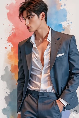 A beautiful European emo handsome guy, tall and sexy, with a well-proportioned figure, wears fashionable clothes exuding a casual yet elegant aristocratic feel. The artwork, created with watercolor and gouache splashes, showcases masterpiece quality and stunning imagery. 128K resolution captures colorful light wavelengths, mesmerizing reflections, and the beautiful gouache sketch in the center. The modern art style highlights beauty and sophistication.