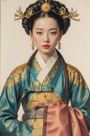 A beautiful European beauty, tall, sexy, and well-proportioned, wears ancient Korean-style clothes and a popular hairstyle. She embodies the casual, practical clothing and customs of ordinary people. The artwork, meticulously depicted in inks, pastels, and lacquers, showcases lifelike quality and masterpiece status. Full Body Display at 128K resolution captures colorful light wavelengths, mesmerizing reflections, and a delicate oil sketch in the center. Ancient art styles highlight beauty and sophistication.