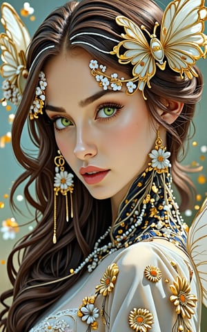 (best quality,8K,highres,masterpiece), ultra-detailed, (portrait of a stunning beauty woman, a beautiful cyborg with brown hair and sharp green eyes), an enchanting portrait capturing the beauty of a cyborg woman with striking brown hair and sharp green eyes. Her features are intricate and elegant, with every detail meticulously rendered to showcase her majestic presence. The portrait is captured through digital photography, allowing for the highest level of detail and realism. Adorning her cyborg form are delicate gold butterfly filigree accents, adding a touch of ethereal beauty to her appearance. Translucent fairy wings extend from her back, hinting at her otherworldly nature and grace. Surrounding her is a shattered glass motif, symbolizing both her fractured humanity and her resilience. This artwork captures the juxtaposition of beauty and technology, inviting the viewer to explore the depths of her character and identity. Feel free to add your own creative touches to enhance the realism and detail of this captivating portrait., Indian beauty