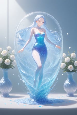 Elegant crystal clear crystal glass male prince with graceful curves and full of marbled iridescent and blue liquid (transparent) forming the shape of a female princess. Lion and texture. Smooth object contours and undulating dynamic motion. Pastel petals float around the vase. }