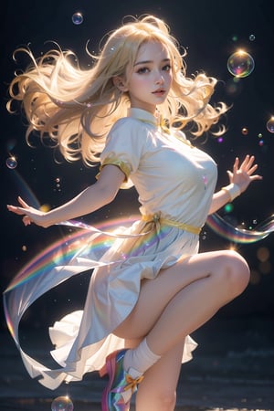 Best quality, masterpiece, super high resolution, (realism: 1.4), original photo, Korean girl 18 years old, blonde girl dress, pure teardrop background, tech clothing, artistic style. The action is to use a bubble blowing machine to blow out many large and small rainbow-like, transparent and beautiful bubbles. The light and shadow are very beautiful. The girl's eyes are blue and have light spots. She has long and cute eyelashes, wears a beautiful white rainbow outfit and rainbow shoes, and dances beautifully. Light and shadow, depth of field, this is a photographic work of the highest quality

