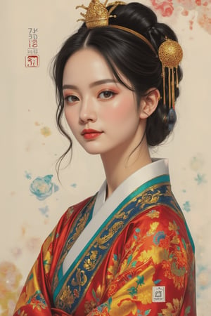 A beautiful European beauty, tall, sexy, and well-proportioned, wears ancient Korean-style clothes and has a hairstyle popular in the ancient Korean dynasty. She exudes a sense of fashionable aristocracy and customs, casual and elegant. The artwork is meticulously and realistically depicted in inks, pastels, and lacquers, displaying lifelike quality and masterpiece status. 128K resolution captures colorful light wavelengths, mesmerizing reflections, and the delicate oil pastel sketch at the center. Ancient art styles highlight beauty and sophistication.