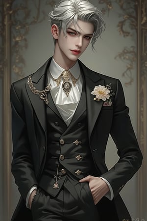 Solo singer anime wretched male French gentleman emo aristocratic style silver hair short hair eye shadow emo rococo makeup chic silver gray suit royal pattern gold pattern luxury black badge chain flower handkerchief chest pocket brand watch, ring, slender legs and tall figure, handsome guy , smiling, he seems to be dancing a waltz-like movement, very elegant, looking directly at the camera, "full body display", lyh, dal, rococo style. 128K resolution.