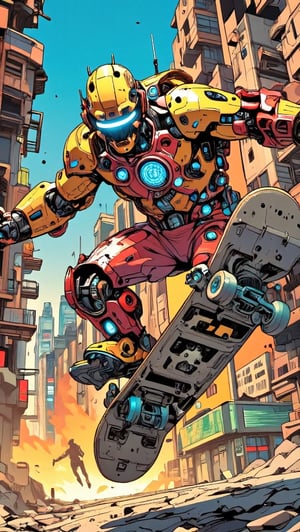 Masterpiece, professional, award-winning, intricate details, ultra high detailed, 64k, volumetric light, dynamic lighting, Movie Aesthetic, action shot, comic book panels by Travis Charest and Phil Noto (colored). In the heart of a ravaged metropolis, a cyborg skateboarder clad in gleaming yellow and red metall armor, 'Ares-X', emerges from a plume of smoke and flames. The board's chassis twists like a metallic DNA helix, with glowing blue circuits pulsing beneath its surface. A tangle of razor-sharp wires and gears churns like a maddening dynamo, as if the very fabric of reality is being rewritten. Amidst this maelstrom, Ares-X assumes a pose reminiscent of a mythical creature, frozen in mid-air as if defying gravity's laws. The cityscape behind him dissolves into a kaleidoscope of fractured architecture and burning debris, while the sky above darkens like a vortex, threatening to consume everything.