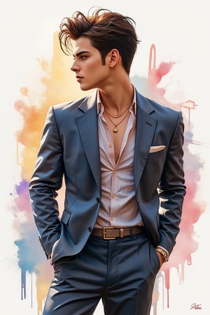 A beautiful European emo handsome guy, tall and sexy, with a well-proportioned figure, wears fashionable clothes exuding a casual yet elegant aristocratic feel. The artwork, created with watercolor and gouache splashes, showcases masterpiece quality and stunning imagery. 128K resolution captures colorful light wavelengths, mesmerizing reflections, and the beautiful gouache sketch in the center. The modern art style highlights beauty and sophistication.