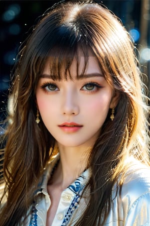 A masterpiece, high-definition, 8K, with a cool temperament, the golden proportions of the facial features, more beautiful than a Korean supermodel, the exquisite 45-degree face center, (golden and silky hair, long straight hair with ion perm), She has high-altitude permed bangs, beautiful {{{blue eyes, big, bright, crystal clear,}}} oval cheeks and slightly pouty lips, beautiful white skin that is very delicate, and she is wearing the latest fashion of the Paris season. Chanel fashion clothes, light and shadow, photography effects. Plus Gauguin's artistic design effects. light and shadow.
