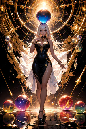 ((Masterpiece; Light and Shadow)), ultra-detailed, dramatic lighting, intricate details, female life fortune teller, (fortune teller), full body, golden eyelashes long and dense, super delicate, holding a rainbow luminous crystal ball, (Sphere approximately 20 cm in diameter), (rainbow-colored luminous crystal ball), cleavage, shiny long hair as golden as silk, hair flying due to the lightning rays emitted by the crystal ball, holding the crystal ball, chaotic reflection of the utopian scene , perfect eyes, twinkling light, central subject, detailed face, detailed eyes, crystal ball light, light and shadow
,niji,high detail