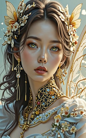 (best quality,8K,highres,masterpiece), ultra-detailed, (portrait of a stunning beauty woman, a beautiful cyborg with brown hair and sharp green eyes), an enchanting portrait capturing the beauty of a cyborg woman with striking brown hair and sharp green eyes. Her features are intricate and elegant, with every detail meticulously rendered to showcase her majestic presence. The portrait is captured through digital photography, allowing for the highest level of detail and realism. Adorning her cyborg form are delicate gold butterfly filigree accents, adding a touch of ethereal beauty to her appearance. Translucent fairy wings extend from her back, hinting at her otherworldly nature and grace. Surrounding her is a shattered glass motif, symbolizing both her fractured humanity and her resilience. This artwork captures the juxtaposition of beauty and technology, inviting the viewer to explore the depths of her character and identity. Feel free to add your own creative touches to enhance the realism and detail of this captivating portrait., Indian beauty