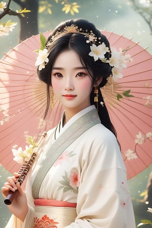 Close-up of a stunningly beautiful girl, Chinese Han Dynasty girl, with big eyes and long eyelashes that make her eyes more lively and beautiful, wearing Han Dynasty clothes and hairstyle, with stunning black hair and long Thick eyelashes, holding a delicate bouquet of jasmine flowers on her fingers. When she looked directly at the audience, she smiled. Her whole body exuded an otherworldly light, and every contour and object on her body seemed to be illuminated by light and sparkle. She couldn't help but play the musical instrument ((flute)) on the spot, which was very elegant and soft. After dancing, she took the paper umbrella and prepared to go back. In the quiet atmosphere of the summer night, the trees were tall, the river flowed quietly, and nocturnal creatures used it. Serenading them with gentle chirps and croaks, our protagonist is like a beacon of loveliness. In Vadimka's new style, every detail has been carefully crafted to create a realistic style that exudes elegance and wonder. (Masterpiece 1.2, 8K) Depth of field.,source_furry,score_5_up,score_6_up,score_7_up,score_8_up,score_9,han fu