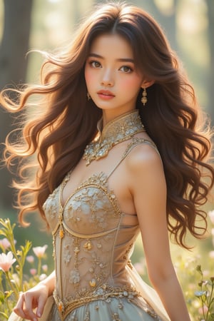 The picture is filled with the face of a stunning Taiwanese woman, her long hair as soft as silk and flowing, brown hair flying, with sun-exposed parts lighter brown. Soft golden light casts a warm glow on her silky white smooth complexion, wearing a very sexy yet generous full-length dress that accentuates her curves. The exquisite clothes set off her face, even more beautiful than the most beautiful woman in the world, drawing attention to her flawless facial features. Her perfect figure and slender legs are subtly hinted at, striking a majestic pose like a bejeweled fantasy princess. Aestheticism, official art.