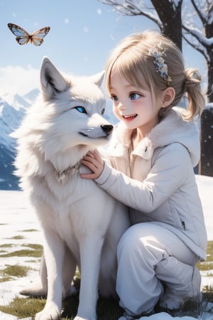 A little girl with blond hair and very fair skin. She is only 4 years old, but she grew up with a snow wolf with white fur and blue eyes. Snow Wolf loves this little girl very much. He can coax her to sleep. The little girl likes to use ballet dance movements to make Snow Wolf happy, because every time Snow Wolf sees her dancing ballet, it means that he is in a happy mood, and Snow Wolf will also be happy after seeing her. He will also carry her to the grassland. The little girl always smiles happily. The little girl is extremely beautiful, with bright blue eyes that are very lively and long and dense. In order to make herself more beautiful, she often rolls on the grass with Snow Wolf. Little girls wear all kinds of cute clothes. Outdoor, sunshine, mountains, trees, flowers, birds, butterflies. light and shadow
