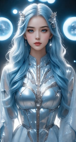 In a mesmerizing full-body portrait, the cyborg beauty sits regally, ice blue locks flowing like glaciers down her back. Her flawless face, frozen in a direct gaze, exudes confidence. The mecha-armor glistens with high gloss, highlighting intricate design and curves. A sparkling hairpin jewel crowns her head, radiating against the cinematic light that casts dramatic shadows across her figure. Every detail is meticulously rendered in CG illustration, as if painted by a master artist. Amidst this visual splendor, large holographic circles hover in the background, adding an otherworldly ambiance to the scene.