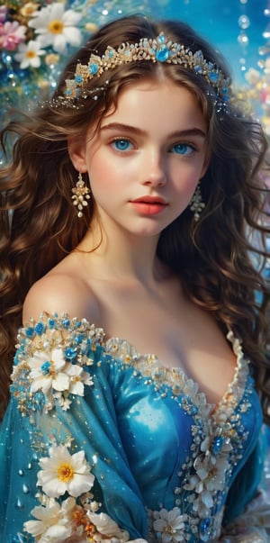 Masterpiece, HD, 8K, charming minimalist illustration of an 18-year-old girl. ((drawn from head to thigh)), low angle, delicate brushstrokes, long curly hair, high bangs, floral hair accessories, big and bright blue eyes, thin eyebrows, plump cheeks and lips, fair complexion, silk elegant. With a slender body, the painting emphasizes delicate colors. The girl shows off various poses of a professional model. The clothes she wears are beautiful and unique national costumes from various countries.
The background is water drops. The energetic, lively expression embodies the girl's magical presence. Feel. fractal art, glitter,BugCraft