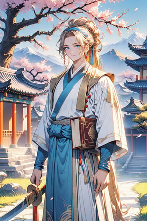 Masterpiece, highest quality, 1 man with beautiful blue eyes, bright and long, thick eyelashes and shiny golden hair. The man of the Han Dynasty wore a blue hairband and tied his hair into a big ponytail, standing alone and smiling slightly. Looking at the audience, he has long sleeves and gorgeous clothes. He is holding some ancient books and has a dragon-shaped sword around his waist. His whole body is covered with ancient trees and flowers. In spring, cherry blossoms fall. Excellent picture, extremely antique. Light and shadow, distant view: mountains, trees, ancient houses. Inkjet design
