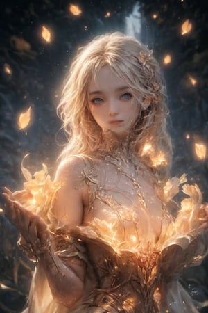 Close-up shot of a stunning anime-style girl with mesmerizing golden locks and luscious eyelashes, her fingers cradling a bouquet of delicate calla lilies. As she turns to face the audience, her entire being radiates an otherworldly glow, every contour and object on her body shining like LED lights. Amidst the serene summer night atmosphere, where trees stand tall, rivers flow silently, and nocturnal creatures serenade with their gentle chirps and croaks, our protagonist shines as a beacon of loveliness. In Vadimka's new style, every detail is meticulously crafted to create an anime masterpiece that exudes elegance and wonder.