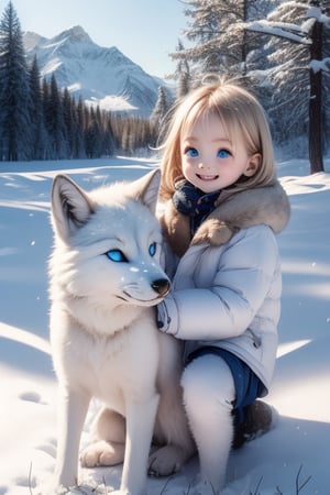 A little girl with blond hair and very fair skin. She is only 4 years old, but she grew up with a snow wolf with white fur and blue eyes. The snow wolf loves the little girl very much. He can put her to sleep and carry her on the grassland. The little girl always smiles happily. The little girl is extremely beautiful, with blue eyes, very lively, and long and thick eyelashes. To make her even more beautiful, she would often roll around on the grass with the snow wolf. The little girl wears all kinds of cute clothes. Outdoors, sunshine, mountains, trees, flowers, birds, butterflies. light and shadow. 