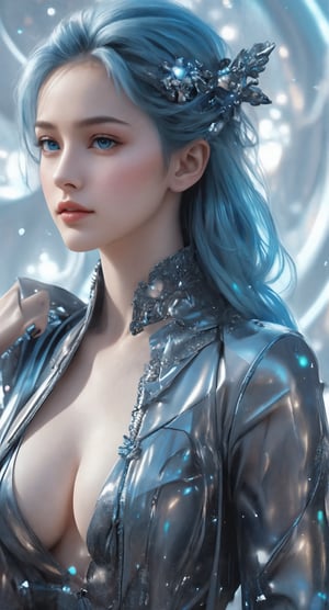 In a mesmerizing full-body portrait, the cyborg beauty sits regally, ice blue locks flowing like glaciers down her back. Her flawless face, frozen in a direct gaze, exudes confidence. The mecha-armor glistens with high gloss, highlighting intricate design and curves. A sparkling hairpin jewel crowns her head, radiating against the cinematic light that casts dramatic shadows across her figure. Every detail is meticulously rendered in CG illustration, as if painted by a master artist. Amidst this visual splendor, large holographic circles hover in the background, adding an otherworldly ambiance to the scene.