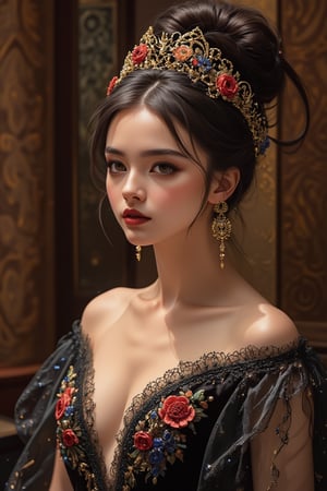 The new and powerful Uyghur girls are elegant and stunningly beautiful, mostly Chinese and Russian mixed-race, with very beautiful, three-dimensional facial features. They wear David Uygur headdresses, Uyghur makeup, charming black velvet bases with intricate gold embroidery and pearl embellishments, exquisite lace trim, Byzantine makeup, pale skin, dark lips, colorful embroidered dresses, ruffled puff sleeves. Charming background with Russian folk art patterns. Studio lighting, high-definition fashion photography style, by FluxGothicRealnime, adrr-zllj, lyh, goth girls, ohwx style.