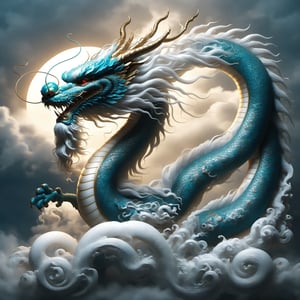 An oriental fairy, her facial features are classically beautiful and even more beautiful than the current Korean female supermodels. She wore her Han Dynasty woman's hair in a bun and wore a white Han Dynasty woman's robe. She stood on the back of an Eastern dragon soaring in the clouds and mists with a fairy air. The Oriental Dragon plays in the clouds, he chases the dragon's toy, the dragon ball, playing, {{{dragon chases the glowing dragon ball}}}, creating a dynamic composition under soft, ethereal lighting. This scene captures the calm expression of the fairy and the powerful and fluid movements of the dragon against a mysterious cloud background.