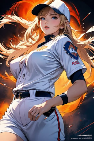 Anime Baseball Player in Uniform Pitching, Highly Detailed Official Artwork, Detailed Digital Anime Art, Scope Murata and Artgerm, [4k Digital Art]!!, Clean Detailed Anime Art, Artgerm and Atey Ghailan, Marin Kitakawa Fan Art , best animated 4k konachan wallpapers, movie lights, filters, 1girl, detailed face, beautiful and detailed blue eyes, dynamic angles, fine and beautiful golden hair, extremely fine and beautiful cloth, perfect face, perfect eyes , perfect fuchsia slightly parted lips, (baseball uniform), (baseball cap), (cowboy shooting), zettai Ryouiki (baseball field), high detail, midway, high detail, (bouncing breasts 1.3), silhouette