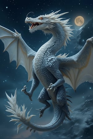 A silver-scaled dragon soars in the moonlight, its long and sinuous body and outstretched wings flying through the midnight stars. Moonlight highlights the intricate patterns on its scales, hinting at its ancient and dangerous nature. The scene is a masterpiece, influenced by AMD Art.