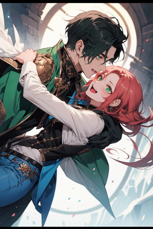 (Masterpiece, best quality, high resolution: 1.1), super-res image, male, female, couple, fantasy, official art, illustration, dynamic angle, knight, rainbow, manga, painting, mutual gaze, full body. The female has large green eyes with long, thick eyelashes. The male has large blue eyes with long and dense eyelashes. This is a story about a couple who are in love and are so sweet that they love each other to the point of being filled with anger. Every scene is full of joy and laughter.