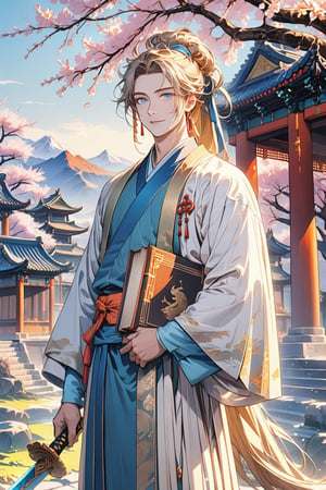 Masterpiece, highest quality, 1 man with beautiful blue eyes, bright and long, thick eyelashes and shiny golden hair. The man of the Han Dynasty wore a blue hairband and tied his hair into a big ponytail, standing alone and smiling slightly. Looking at the audience, he has long sleeves and gorgeous clothes. He is holding some ancient books and has a dragon-shaped sword around his waist. His whole body is covered with ancient trees and flowers. In spring, cherry blossoms fall. Excellent picture, extremely antique. Light and shadow, distant view: mountains, trees, ancient houses. Inkjet design
