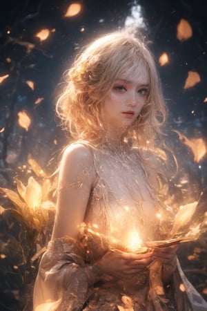 Close-up shot of a stunning anime-style girl with mesmerizing golden locks and luscious eyelashes, her fingers cradling a bouquet of delicate calla lilies. As she turns to face the audience, her entire being radiates an otherworldly glow, every contour and object on her body shining like LED lights. Amidst the serene summer night atmosphere, where trees stand tall, rivers flow silently, and nocturnal creatures serenade with their gentle chirps and croaks, our protagonist shines as a beacon of loveliness. In Vadimka's new style, every detail is meticulously crafted to create an anime masterpiece that exudes elegance and wonder.,More Reasonable Details