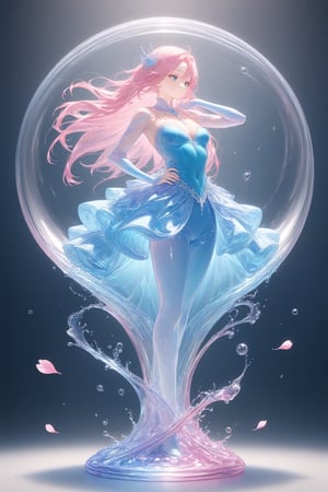 {Elegant crystal clear crystal glass male prince, graceful curves, full of marbled pink and blue, liquid (transparent), forming the shape of a female princess. Lion and texture. Smooth object contours and undulating dynamic motion. Pastel petals float around the vase. }