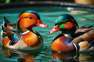 Close-up, cute mandarin ducks, beautiful feathers, bright and shining eyes, mandarin ducks are in pairs, so a male and a female pair play together, in the pool, they will head to each other Close together. Sometimes it flaps its wings and splashes water. The male's feathers are brighter than the female's, and their love has been compared to a loving couple since ancient China. Modifiers: Alphonse Mucha, boris valejo dedecent illustration, Anne Boonchuy, art_booster, BlackworkStyleManityro, WOWAI, Expressiveh, Apoloniasxmasboxx,esao andrews art,esao andrews style, in the style of esao andrews