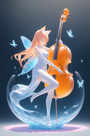 {Elegant crystal clear crystal glass cello with beautiful curves, filled with marbled light orange and white and blue liquid (transparent), forming the shape of a butterfly. Fox and texture. Smooth object contours and undulating dynamic movement. Pastel petals float around the vase. }