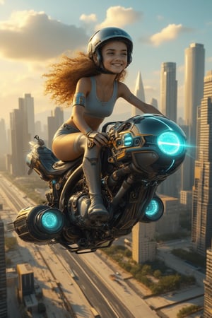 A beautiful young girl with perfect Western facial features, big blue eyes, long eyelashes, and long curly blond hair, wearing silver tights and a bank helmet, sits on a heavy motorcycle with thrusters. The motorcycle, adorned with neon decorations, flies in the sky. She rides the motorcycle aircraft, looks at the camera, and smiles happily. The scene is set in a futuristic cityscape under the sun, with thrusters visible. The artwork is a Rococo-style masterpiece, showcasing future technology and sci-fi elements.