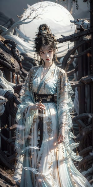 Under the ancient tree of the Han Dynasty, stood a beautiful woman with long black hair wearing Han costumes and a lily bun. Holding a pipa, a musical instrument from the Han Dynasty, she looked up at the crescent moon in the night sky with a smile, creating a mysterious atmosphere. The scene features contrasting lighting that highlights her stunning features and the peaceful expression on her face as she contemplates joy. The composition allows her to pose in cute and funny poses of joy, anger, sadness, and joy. The moon, ancient trees, ancient houses, ancient wells, ancient gardens, and ancient swings become the dramatic background. light and shadow. Ink design.