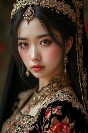 Elegant and stunningly beautiful Uyghur girls, mostly Chinese and Russian mixed-race, with three-dimensional facial features. They wear David Uygur headdresses, Uyghur makeup, and charming black velvet bases with intricate gold embroidery and pearl embellishments. Exquisite lace trim, Byzantine makeup, pale skin, dark lips, rainbow-colored embroidered dresses with ruffled puff sleeves. Charming background with Russian folk art patterns. Studio lighting, high-definition fashion photography style, by FluxGothicRealnime, adrr-zllj, lyh, goth girls, ohwx style.