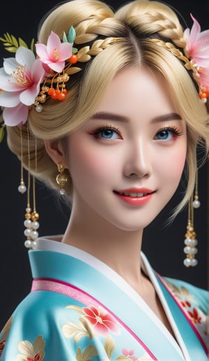 Close-up, young girl, light blue eyes, long thick eyelashes, she looks like 18-year-old 席琳狄翁, short blond hair, full body shot, wearing kimono, standing, hair accessories, Japanese style Women's shoes, she twisted and danced to the music, (((Super masterpiece, detailed details))),. Looks happy. There are also flower braids all over the sky, which are extremely beautiful. High quality. Modifiers: Alphonse Mucha, boris valejo dedecent illustration, Anne Boonchuy, art_booster, BlackworkStyleManityro, WOWAI, Expressiveh, wohle body, Apoloniasxmasbox