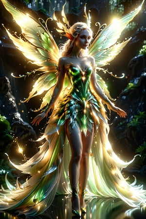 Awesome fairy/alien/elf hybrid, predominantly fairy gold. light and shadow. whole body.
An extremely beautiful masterpiece, 8K