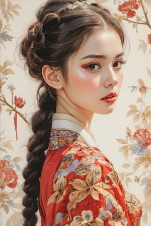 A beautiful European beauty, tall, sexy, and well-proportioned, wears ancient Korean-style clothes and has a hairstyle popular in the ancient Korean dynasty. She exudes a sense of fashionable aristocracy and customs, casual and elegant. The artwork is meticulously and realistically depicted in watercolor and gouache, displaying lifelike quality and masterpiece status. 128K resolution captures colorful light wavelengths, mesmerizing reflections, and the delicate gouache sketch in the center. Ancient art styles highlight beauty and sophistication.