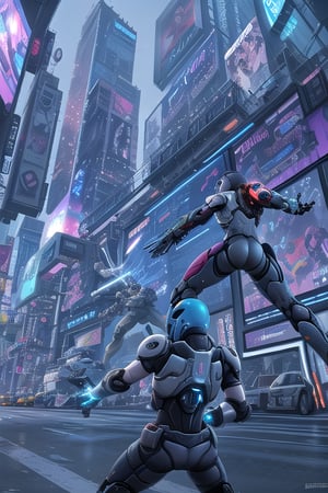 A dynamic scene of a robot warrior in mid-combat stance, clashing with an unseen opponent on the bustling streets of a futuristic city. The background features towering skyscrapers with neon lights and holographic billboards, casting a vibrant glow on the metallic surface of the robot. The robot is equipped with advanced weaponry, its eyes glowing with a fierce blue light. The lighting is dramatic, with sharp contrasts between the bright city lights and the shadows of the towering buildings. The composition focuses on the robot's intense expression and the motion of its limbs, capturing the energy of the fight.