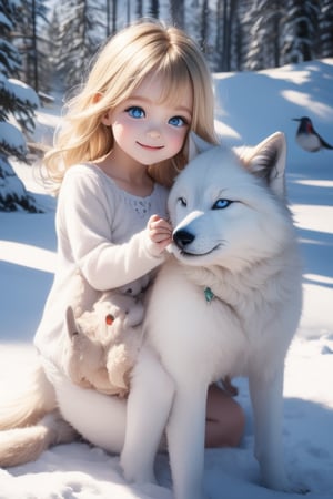 A little girl with blond hair and very fair skin. She is only 4 years old, but she grew up with a snow wolf with white fur and blue eyes. The snow wolf loves the little girl very much. He can put her to sleep and carry her on the grassland. The little girl always smiles happily. The little girl is extremely beautiful, with blue eyes, very lively, and long and thick eyelashes. To make her even more beautiful, she would often roll around on the grass with the snow wolf. The little girl wears all kinds of cute clothes. Outdoors, sunshine, mountains, trees, flowers, birds, butterflies. light and shadow. 