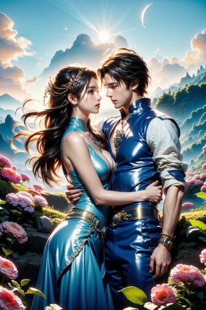 1 Handsome Man and 1 Beautiful Woman (Ultra High Quality Detailed), (World Class Masterpiece, Official Art: 1.4), (High Quality: 1.3), High Quality Effects of the Movie, Both the Girl and the Boy's Faces are Beautiful (But the man is masculine and handsome. Big blue eyes, long and thick eyelashes (perfect eyes, perfect face: 1.3), passionate couple, romantic and sexy scenes, wonderland, hugging each other, girls will The boy put his hands around the boy's neck, and the boy put his hands around the girl's waist. The two kissed passionately and dynamically. 8K image quality, (warm light, mountains and valleys, the silhouettes of the sun and the moon kissing romantically in the sky, It's both day and night, heart, (Hibiscus, perfume lily, lavender, rose, sea of ​​flowers: 1.3), stunning light, wind blowing, sharp focus, extremely detailed CG, (perfect hands, perfect fingers , beautiful hands), realistic, (1 girl with shiny golden silky long wavy hair, wearing a beautiful lace dress: 1.4), (1 short blond hair, sharp eyebrows, handsome eyes, half-naked eight-pack abs body The Boy: 1.4), ((Rococo Style, Sweet)), Creative Fantasy Glow Effect, Perfect Shadow, Perfect Light and Shadow, Spring, Bloom, (Wind of Color: 1.3), HD super clear.