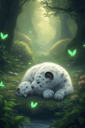 Ultra high definition illustration of a fluffy white panther cub sleeping in a magical forest, surrounded by beautiful trees and shrubs, by a riverside, with glowing butterflies and green glowing fireflies. Masterpiece, best image, best quality, ultra wide-angle shot, 8K UHD.