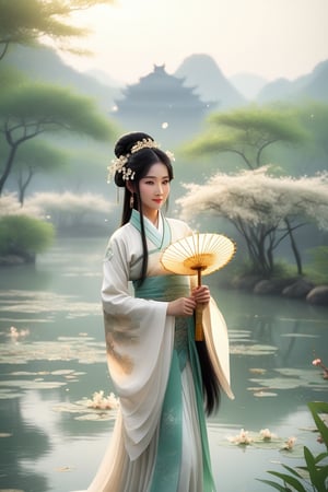 Close-up of a stunningly beautiful girl, Chinese Han Dynasty girl, with big eyes and long eyelashes that make her eyes more lively and beautiful, wearing Han Dynasty clothes and hairstyle, with stunning black hair and long Thick eyelashes, holding a delicate bouquet of jasmine flowers on her fingers. When she looked directly at the audience, she smiled. Her whole body exuded an otherworldly light, and every contour and object on her body seemed to be illuminated by light and sparkle. She couldn't help but dance a dance on the spot, which was very elegant and soft. After the dance, she took the paper umbrella and prepared to go back. In the quiet atmosphere of the summer night, the trees were tall, the rivers flowed quietly, and the nocturnal creatures sang and sang with their gentle calls. As croaks serenade them, our protagonist acts like a beacon of loveliness. In Vadimka's new style, every detail has been carefully crafted to create a realistic style that exudes elegance and wonder. (Masterpiece 1.2, 8K) Depth of field.,source_furry,score_5_up,score_6_up,score_7_up,score_8_up,score_9,han fu