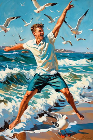 painted painting depicting athletic male teenager, dynamic pose, joy, seagulls, strong sea waves, blue sky, in the style of paul hedley, joyful celebration of nature, mark lague, jessica drossin, vintage aesthetics, automatism, MediumTurquois, SkvBlue, and Ivory color palette.