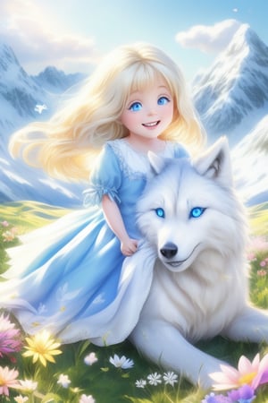 A little girl with blond hair and very fair skin. She is only 4 years old, but she grew up with a snow wolf with white fur and blue eyes. The snow wolf loves the little girl very much. He can put her to sleep and carry her on the grassland. The little girl always smiles happily. The little girl is extremely beautiful, with blue eyes, very lively, and long and thick eyelashes. To make her even more beautiful, she would often roll around on the grass with the snow wolf. The little girl wears all kinds of cute clothes. Outdoors, sunshine, mountains, trees, flowers, birds, butterflies. light and shadow. Renaissance style.
