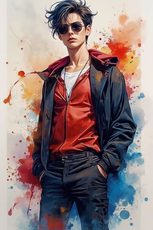 A beautiful European emo handsome guy, tall and sexy, with a well-proportioned figure. He wears fashionable clothes with a fashionable aristocratic feel, casual yet elegant. Using watercolor and gouache splashes, the artwork showcases masterpiece quality and stunning imagery. 128K resolution captures colorful light wavelengths, mesmerizing reflections, and the beautiful gouache sketch in the center. Modern art style highlights beauty and sophistication.