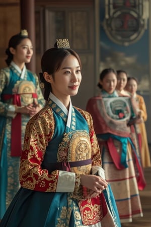 A stunning woman, more beautiful than a Korean supermodel, in a traditional Korean hanbok with intricate royal embroidery. She exudes dignified grace, followed by attendants in elegant patterned hanboks. Leading the procession, maids and concubines in traditional attire walk ahead. With a serene smile, she glances at the audience, poised to meet the Joseon king. The scene is set against a backdrop of a steampunk engine, blending historical and futuristic elements. Masterful light and shadow create a perfect, detailed work.