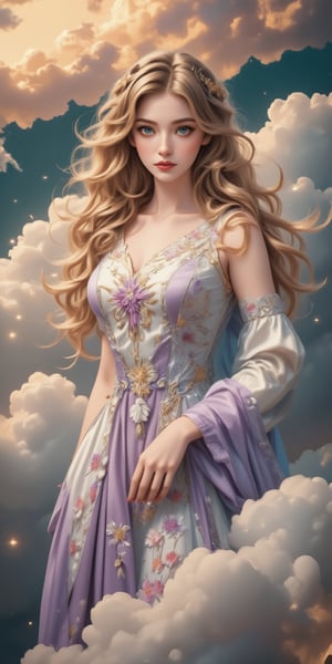 (Canvas painting, oil painting, realistic painting, full color, perfect artistic composition, perfect contrast, perfect brightness). Abstract surrealist masterpiece. A very beautiful girl with long curly hair stands among dreamy clouds, recalling the perspective atmosphere in Francesca's work. The style is reminiscent of the painting styles of Flanders, Francisco Goya and Titian, Tintorett and Veronese.