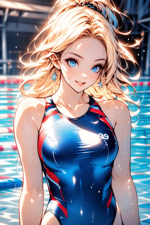 Masterpiece, dynamic swimming poses, best quality, super detailed, perfect anatomy, high detail, detailed background, beautiful face (big bright blue eyes with long eyelashes), girl, athletic body proportions 1:8, A beautiful face with perfectly proportioned facial features, a super detailed face, an oval face, and sexy lips with a slightly open mouth. Smiling, focused expression gazing at the viewer, long silky blond wavy hair tied back and shiny, wet hair combed back, blond hair tied into a ponytail, super detailed eyes, tarem, blue eyes, simple eyelids, Beautiful eyebrows, (eyelashes: 0.4), parted lips, focused gaze, (((Olympic swimming pool))), lane lines visible, starting line background, intense action shot, mid-swim pose, arms extended forward, competitive swimsuit, Fashionable one-piece swimsuit, goggles on face, bright indoor lighting, water droplets on skin, dynamic angle, three-quarter view, perfect anatomy, 5 fingers, beautiful_female_fingers, streamlined hand position, motion blur, action lines, splash, tanned skin, muscular shoulders and arms, score_9, score_8_up, score_7_up,
