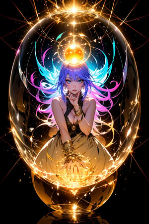 ((Masterpiece; Light and Shadow)), ultra-detailed, dramatic lighting, intricate details, female life fortune teller, (fortune teller), full body, golden eyelashes long and dense, super delicate, holding a rainbow luminous crystal ball, (Sphere approximately 20 cm in diameter), (rainbow-colored luminous crystal ball), cleavage, shiny long hair as golden as silk, hair flying due to the lightning rays emitted by the crystal ball, holding the crystal ball, chaotic reflection of the utopian scene , perfect eyes, twinkling light, central subject, detailed face, detailed eyes, crystal ball light, light and shadow
,niji,high detail